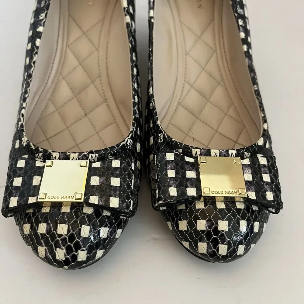 Cole Haan Gingham Bow Women's Black Leather Wedge Pin Up Heel Sandals SZ 8 B
